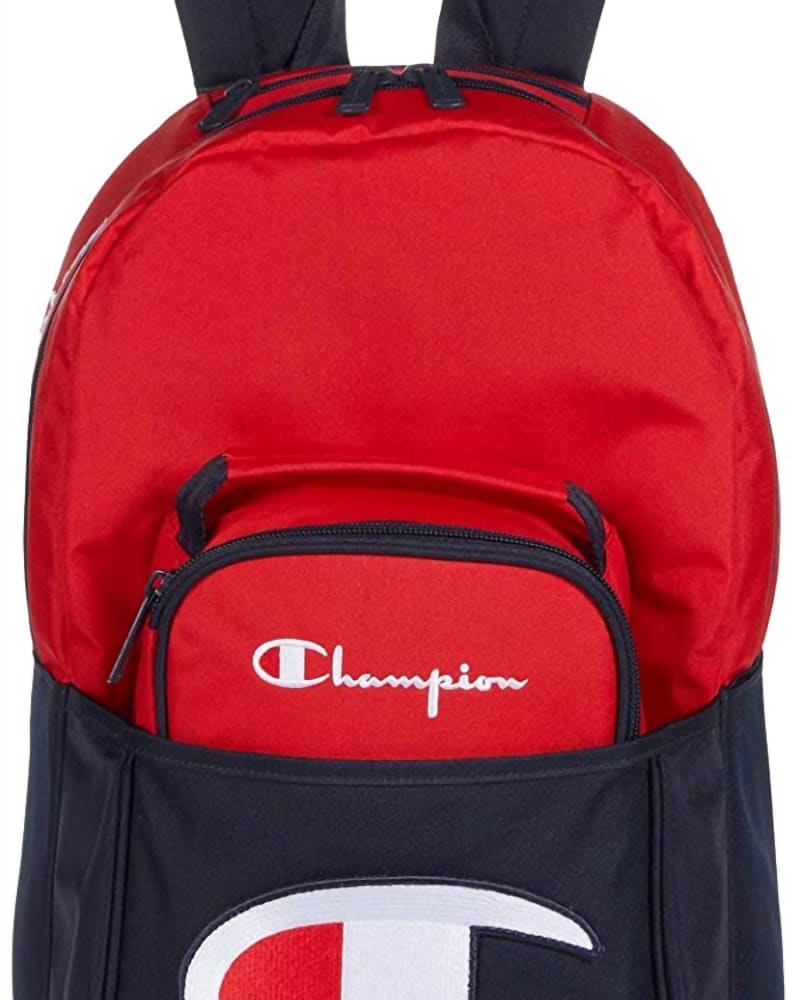 Front of a size O/S Youth Backpack With Removable Lunch Kit in Red/Navy in Red/Navy by Champion. | dia_product_style_image_id:330761